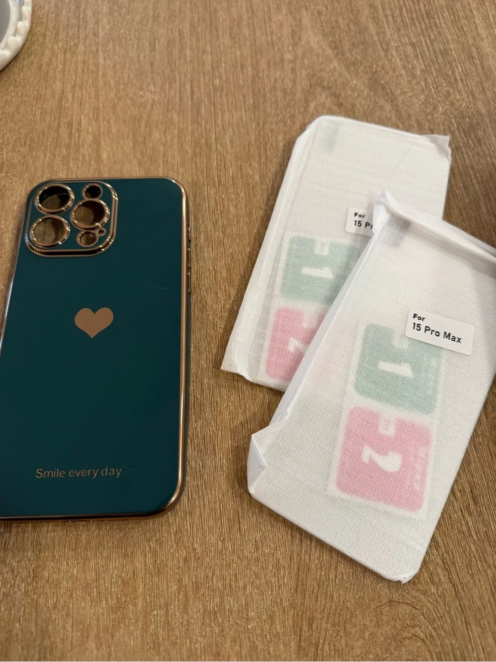 Teal 'Smile Every Day' Decorative Phone Case with Gold Trim iPhone 15 Pro Max